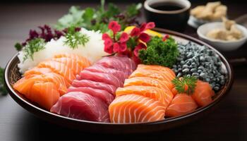 AI generated Freshness on plate seafood, sashimi, nigiri, maki, and salad generated by AI photo