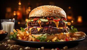 AI generated Grilled gourmet cheeseburger on a rustic bun, ready to eat generated by AI photo