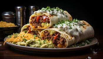 AI generated A delicious beef taco with guacamole, cilantro, and fresh tomato generated by AI photo