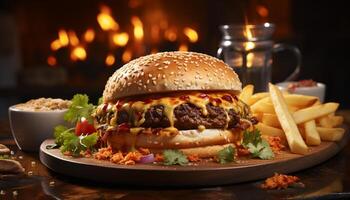 AI generated Grilled burger on rustic wood, with fries and cheese generated by AI photo