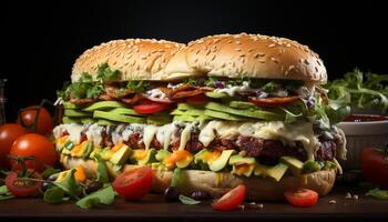 ai generado A la parrilla carne de vaca hamburguesa con queso, tomate, y Fresco vegetales generado por ai foto