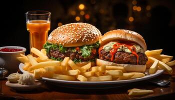 AI generated Gourmet burger with cheese, fries, and refreshing cola drink generated by AI photo