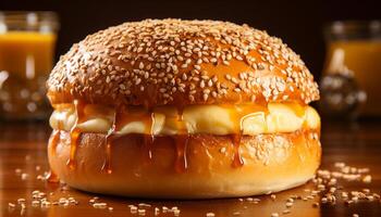 AI generated Freshly grilled burger on wooden table, a delicious meal generated by AI photo