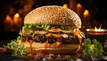 AI generated Grilled beef burger on sesame bun, cheese melting, ready to eat generated by AI photo