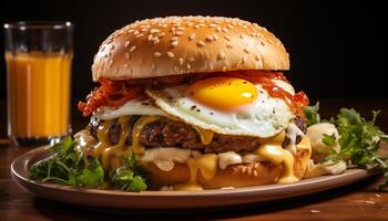 AI generated Grilled cheeseburger on wooden plate with fresh fries and salad generated by AI photo