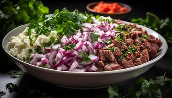 AI generated Freshness on plate salad, meat, onion, gourmet, vegetable, parsley generated by AI photo