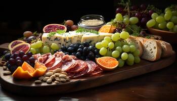 AI generated Freshness and variety on a rustic wooden table fruit, meat, and cheese generated by AI photo