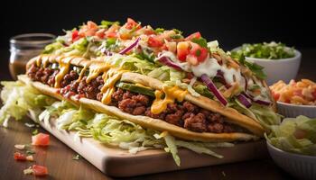 AI generated Grilled beef taco with guacamole, tomato, and cilantro on flatbread generated by AI photo