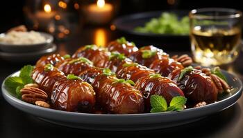 AI generated Gourmet meat plate, fresh pork, grilled, homemade sauce, rustic celebration generated by AI photo