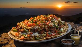 AI generated Freshness on a plate grilled meat, taco, guacamole, tomato, cilantro generated by AI photo