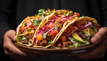 ai generado A la parrilla carne de vaca taco con Fresco guacamole en hecho en casa tortilla generado por ai foto