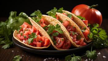 ai generado frescura y especia en un plato hecho en casa gastrónomo mexicano taco generado por ai foto