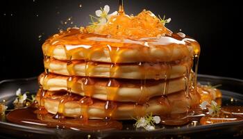 ai generado recién horneado panqueques con chocolate jarabe y baya Fruta coberturas generado por ai foto