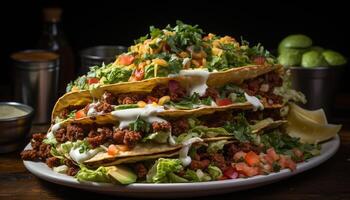 AI generated Gourmet Mexican meal grilled beef, guacamole, tomato, and cilantro generated by AI photo