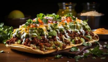 AI generated Grilled beef taco with fresh guacamole on homemade flatbread generated by AI photo