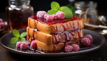 AI generated Homemade berry pancake stack with fresh raspberry sauce and mint generated by AI photo