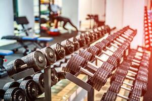 Rows of black dumbbells in the gym with hign contrast and monochrome color tone. Various dumbbells in the fitness club. photo