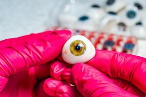 Artificial plastic human eye in doctor's hands.Eyes transplantation. eye prosthesis. photo