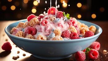 AI generated Freshness and indulgence on a wooden table raspberry, blueberry, strawberry generated by AI photo
