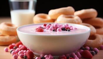 AI generated Fresh fruit dessert yogurt, berries, granola, and chocolate indulgence generated by AI photo