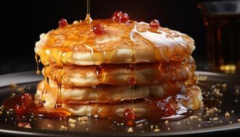 AI generated Stack of homemade pancakes with syrup and fresh berries generated by AI photo