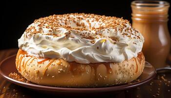 AI generated Freshly baked homemade donut with chocolate icing, a sweet indulgence generated by AI photo