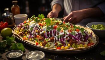 AI generated Freshness on plate grilled beef, tomato, and cilantro taco generated by AI photo