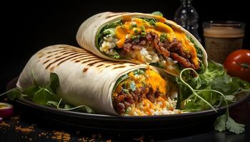 AI generated Gourmet Mexican lunch Grilled beef burrito with fresh vegetables generated by AI photo