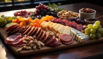 ai generado frescura y variedad en un rústico de madera mesa fruta, carne, y vino generado por ai foto