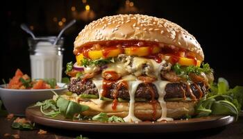 AI generated Gourmet cheeseburger on grilled bun, fresh salad, and fries generated by AI photo
