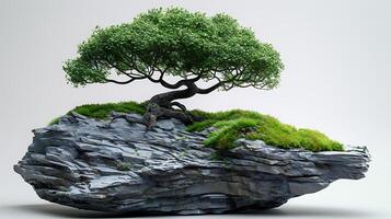 AI generated Green tree on stone on white background photo