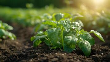AI generated Organic fresh potato plants field close up view photo