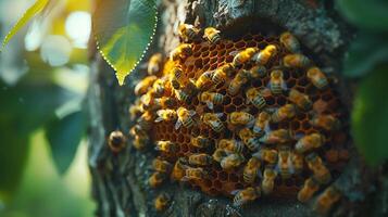 ai generado un abeja nido dentro un grande árbol foto