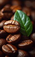 AI Generated Coffee beans and green leaves on dark background photo