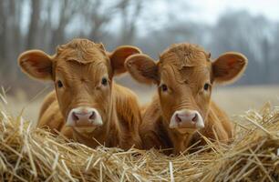AI Generated Two cute calfs lie on haystack in the winter photo