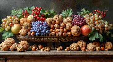 AI generated Still life with fruit and nuts in bronze bowl photo