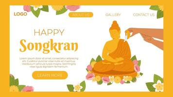 Songkran festival, traditional shower the monk sculpture, Thailand New Year. Hand Pouring water Buddha statue. Vector landing page website template in flat style for celebrating.