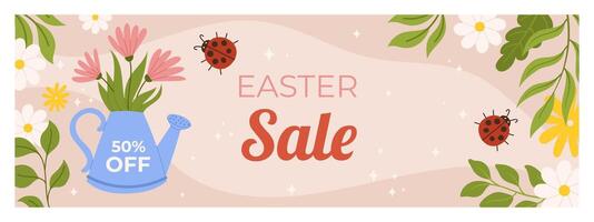 Easter sale horizontal banner template for promotion. Design with watering cane as vase, flowers around and cute ladybug vector