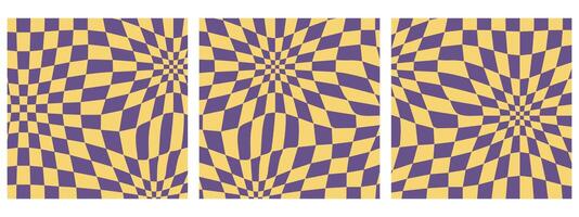 Set of Square 70s Vibes Groovy Checkerboard Patterns. Abstract Grid Backgrounds in a Psychedelic Retro Style in Yellow and Violet Colors. vector