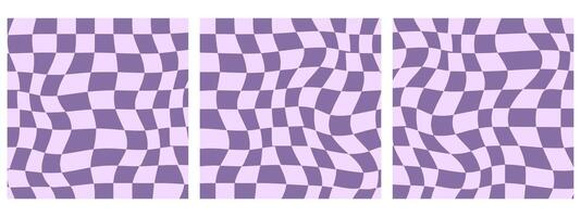 Set of Square Groovy Hippie Vibes 70s Checkerboard, Chessboard, Mesh, and Waves Patterns. Twisted and Distorted Vector Textures, Trendy Retro Psychedelic Style. Perfect for Y2K Aesthetic. Violet color