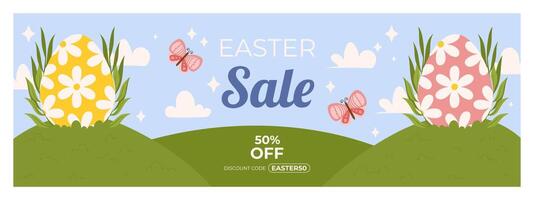 Easter sale horizontal banner template for promotion. Design on sky blue background with green grass field, painted eggs and butterfly vector