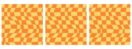 Set of Square Abstract Background Featuring a Psychedelic Groovy Checkerboard Design in 1970s Hippie Retro Style. Vector Pattern Ready for Use. Yellow and Orange Colors