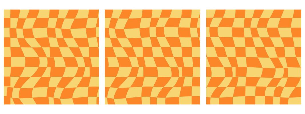 Set of Square Abstract Background Featuring a Psychedelic Groovy Checkerboard Design in 1970s Hippie Retro Style. Vector Pattern Ready for Use. Yellow and Orange Colors