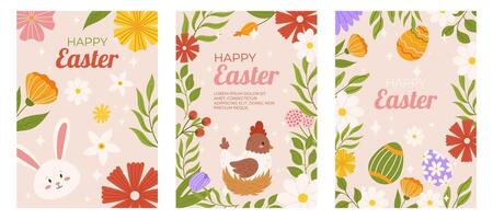 Easter collection of vertical greeting cards template. Design with floral frames, painted eggs, bunny and chicken on nest. Hand drawn flat vector illustration