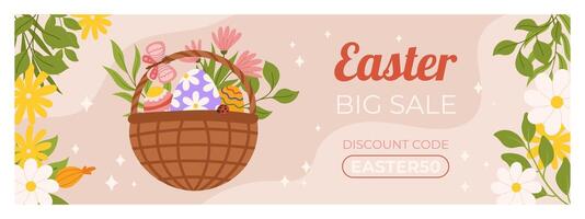 Easter sale horizontal banner template for promotion. Design with painted eggs in basket, butterfly and flowers on both sides vector