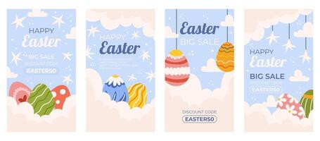 Easter promotion collection of vertical social media template. Design on sky blue background with painted eggs and white clouds. Hand drawn Spring sale set. vector