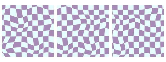 Set of Square Funky Groovy Checkered Patterns, Vintage Aesthetic Backgrounds, Psychedelic Checkerboard Textures. Blue and Violet colors. vector