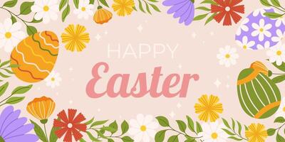 Happy Easter horizontal background template. Design with  painted eggs, flowers and leaves around vector