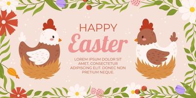 Happy Easter horizontal background template. Design with two chickens on nest, flowers and leaves around vector