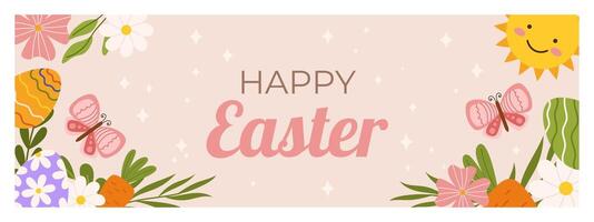 Easter horizontal banner template. Design for celebration spring holiday with flowers, carrot and butterfly, sun and painted eggs vector